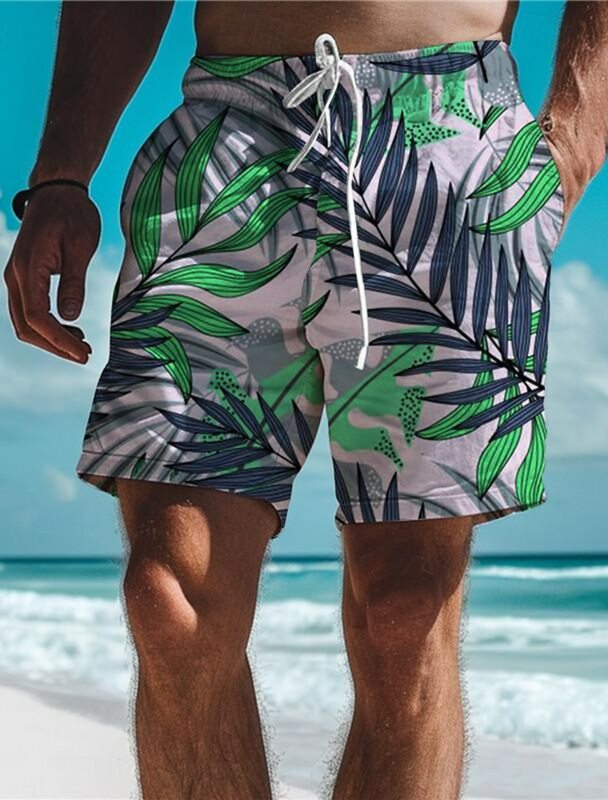 Leaf Tropical Men's Board Shorts Hawaiian Short 3D Printed Swim Trunks Elastic Drawstring Breathable Stretch Short Aloha Style