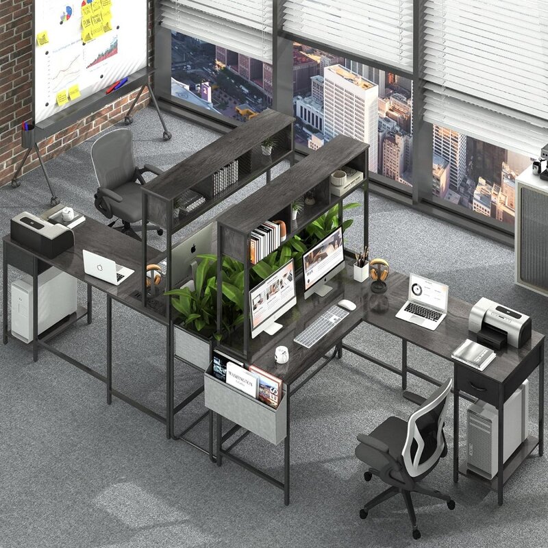 Biurko Yoobure w kształcie litery L, biurko do gier z taśmą LED i gniazdem zasilania, dwustronne biurko komputerowe w kształcie litery L z półką do przechowywania i szufladą
