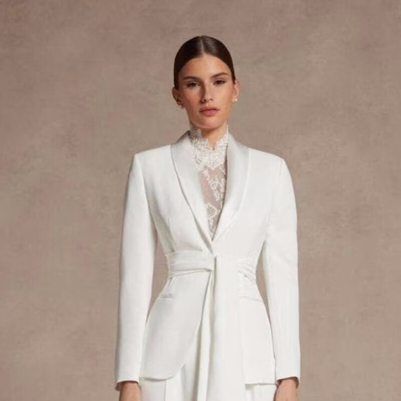 Women's White Cotton 2Pc Suit Set Single Breasted Shawl Lapel With Belt High Waist Pant Designer Bridesmaid Cocktail Prom Party