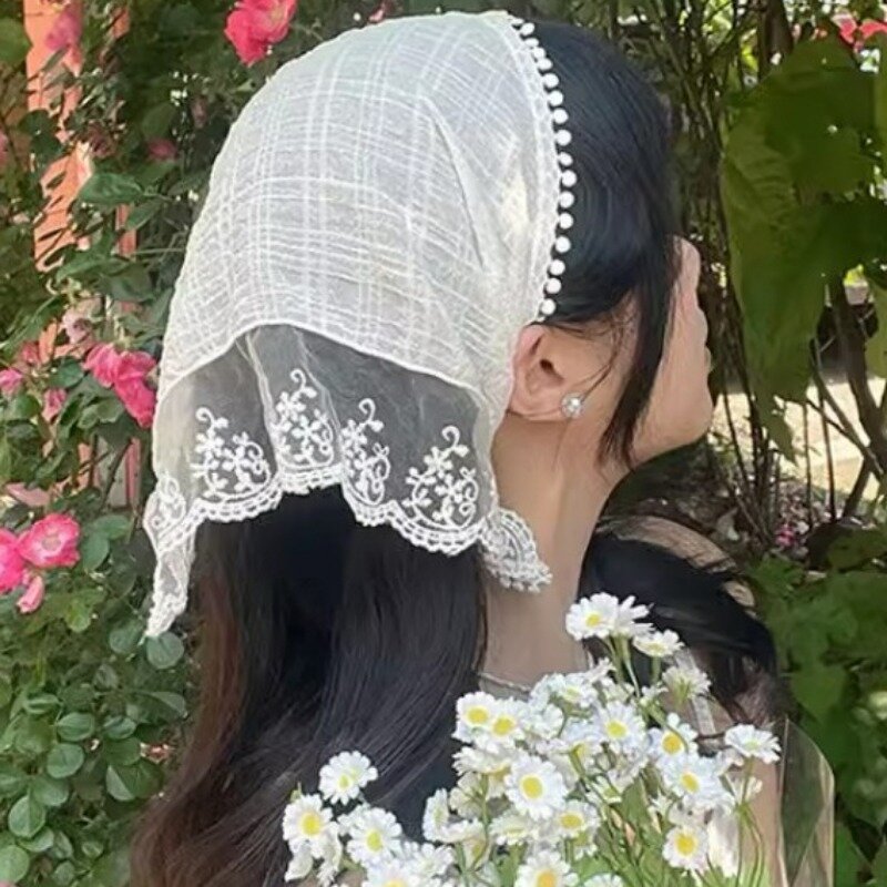 Jilbab renda bunga musim panas wanita, syal lembut gaya Pastoral Perancis segitiga ringan Gadis tabir surya