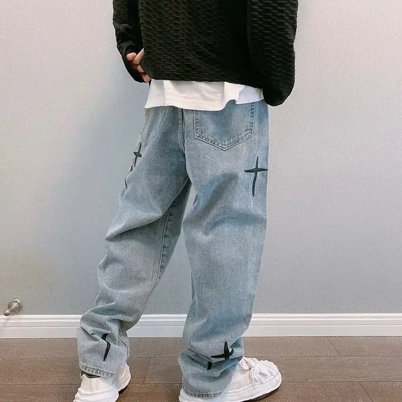 Celana kargo kaki lebar pria, bawahan gaya Korea longgar lurus Y2K Hip Hop untuk lelaki