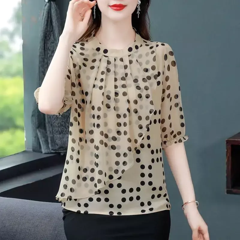 Women's Clothing Fashion Commute Round Neck Polka Dot Chiffon Shirt Summer New Casual Korean Spliced Half Sleeve Blouse Female