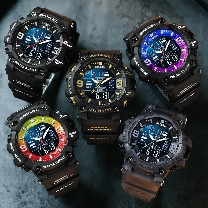 Smael 8049 Heren Elektronisch Horloge Mode Cool Zwart Waterdicht Pointer Digitaal Display Siliconen Band Mannelijke Polshorloges