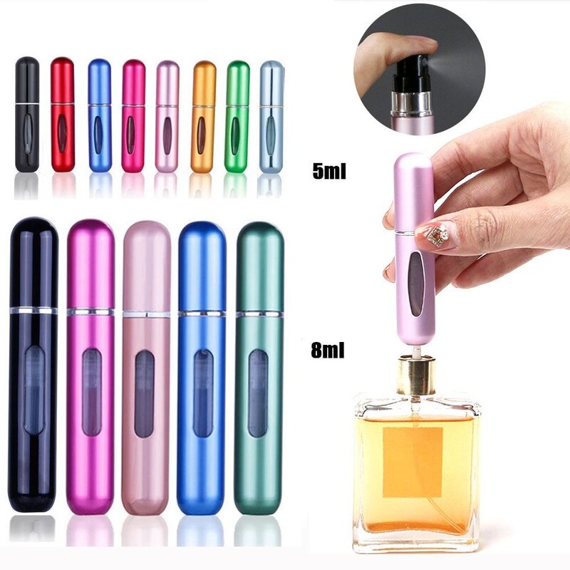 Atomizador de Perfume portátil, contenedor de líquido para cosméticos, Mini espray de aluminio para viaje, botella rellenable vacía, 8ml/5ml