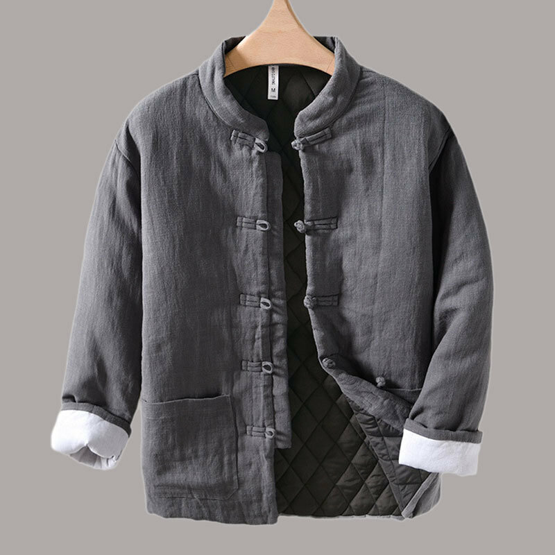 Мужская Теплая стеганая куртка в китайском стиле, свободная однотонная универсальная хлопковая льняная куртка в стиле Харадзюку С узелком на пуговицах, мужская верхняя одежда