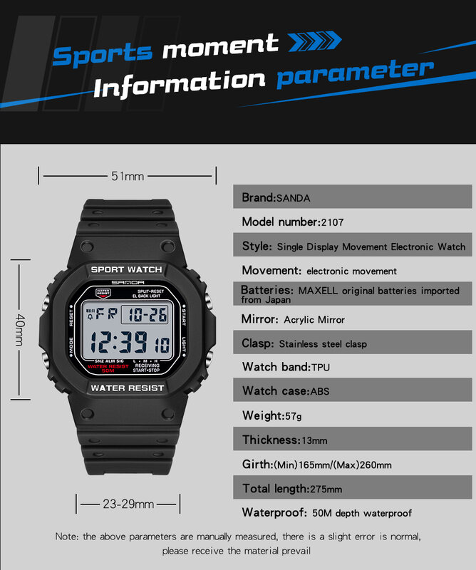 Waterproof Luminous Digital Watch Military Sports Men Wristwatch SANDA 2107 Men's Watches Relogio Masculino relojes para hombre