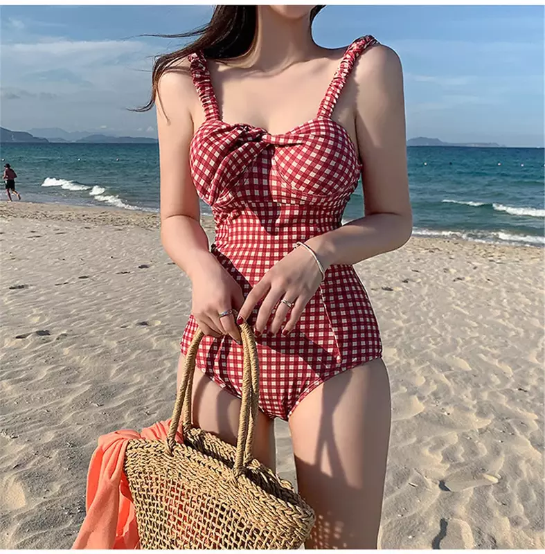 Sexy Bandeau einteiligen Badeanzug Frauen karierte Bade bekleidung Push-up Monokini Pad Badeanzug Bogen Trikini rot Badeanzug Korea Stil