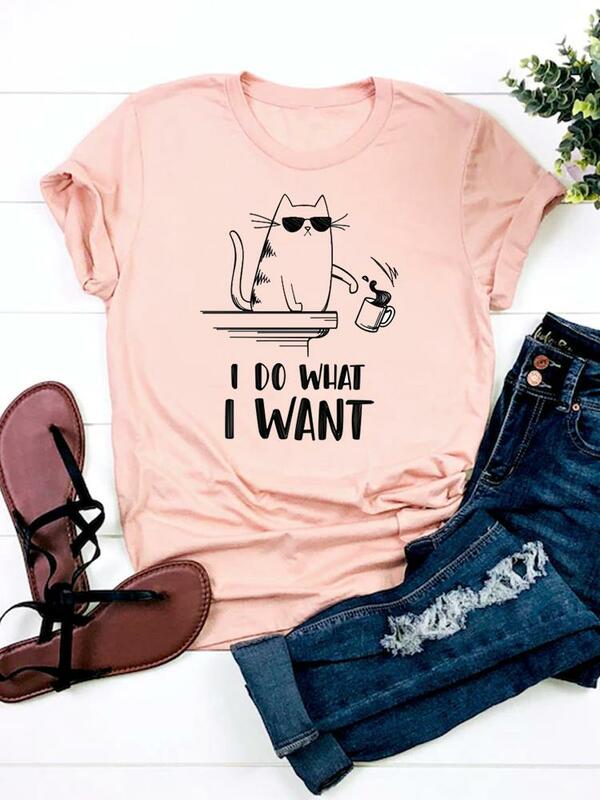 Camiseta estampada de manga corta para mujer, ropa de verano para mujer, Camiseta básica con estampado de gato y café