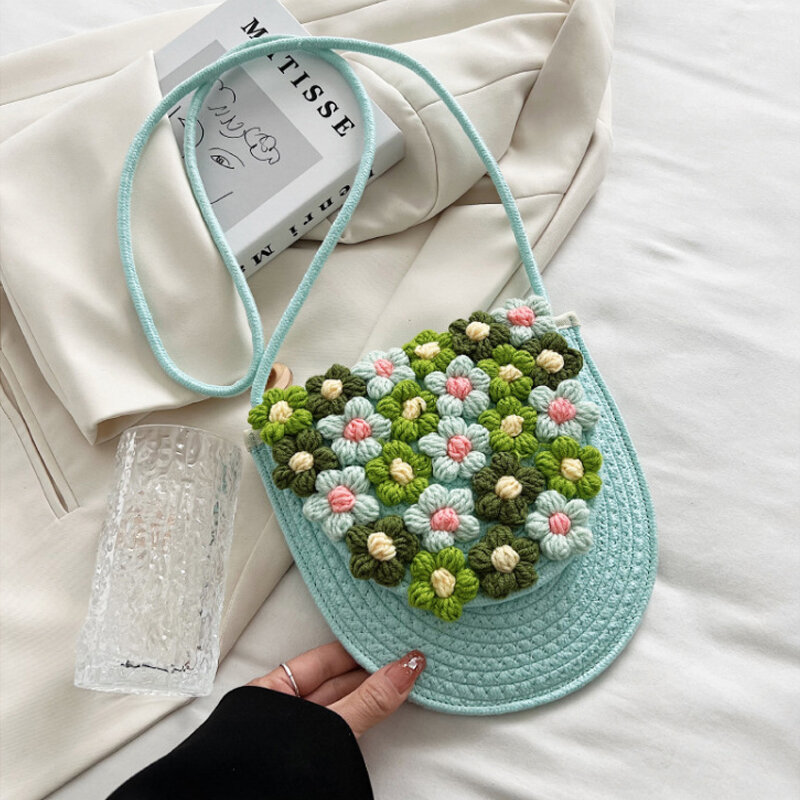 한국어 패션 여름 가방 여성 니트 꽃 밀짚 가방 작은 메신저 꽃 크로 셰 뜨개질 가방 짠 크로스 바디 숄더 백