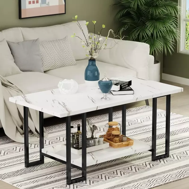 Marble Coffee Table, Faux Marble Top Rectangular Coffee Table with Black Metal Frame, 2 Tier Living Room Table for Living Room,