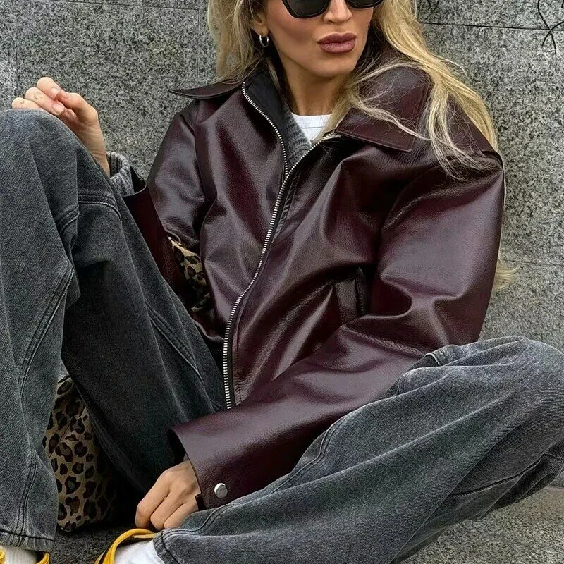 Модная однотонная кожаная куртка с лацканами, женское винтажное Свободное пальто из искусственной кожи на молнии с длинным рукавом, новинка 2024, шикарная женская верхняя одежда в стиле High Street