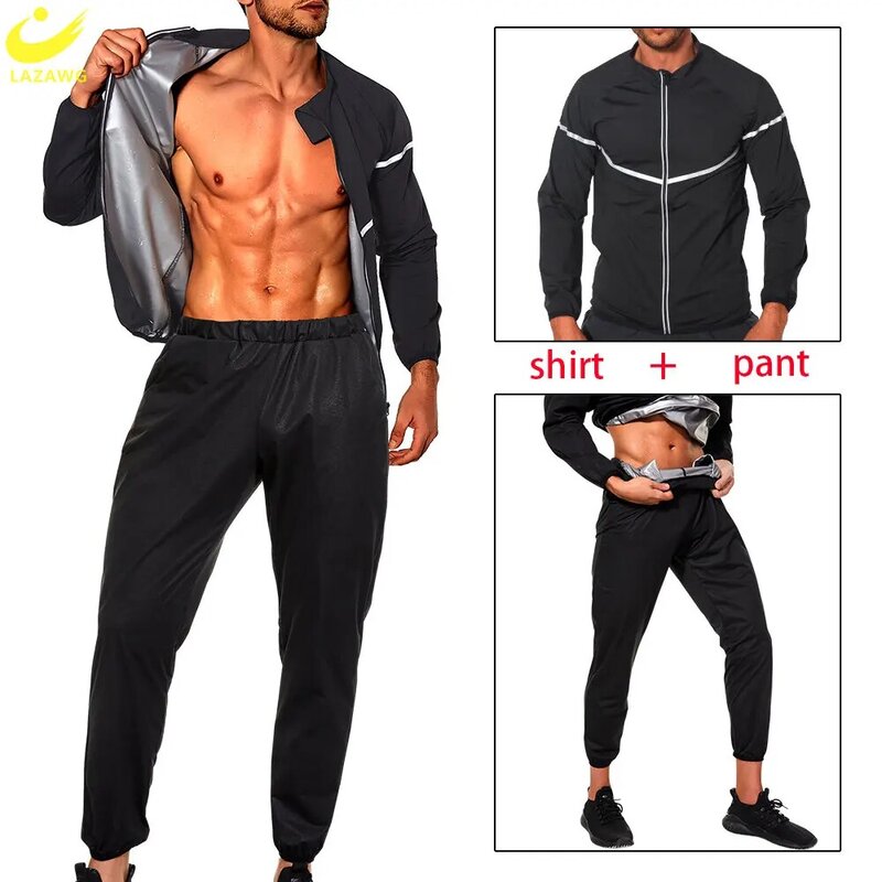 Lazawg saunapak voor heren sweatleggings broek gewicht verlies set jack workout afslankende top broek body shaper fat brander gym