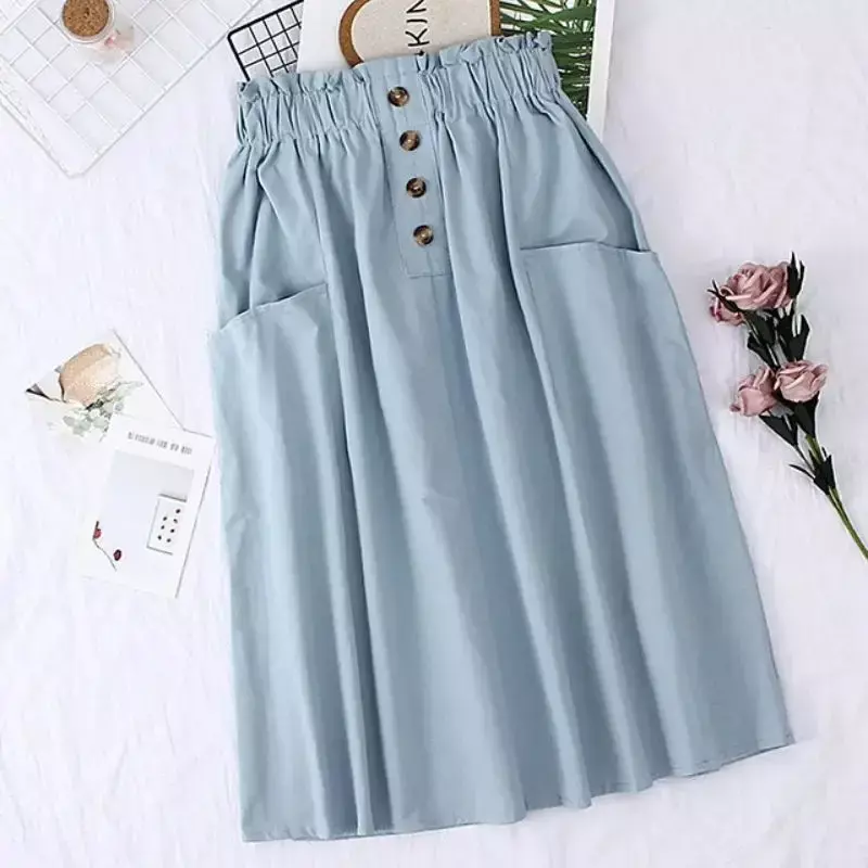 Nighpha Women's Solid Color Midi Skirt with Pocket Korean Style Elastic Waist A-line Skirt for Student Girls Spring Summer