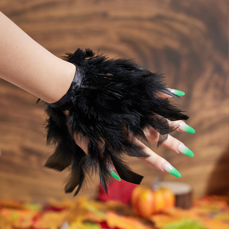 Struisvogelveren Manchet Elegante Veren Armband Gothic Lange Handschoenen Polsband Voor Halloween Cosplay Party