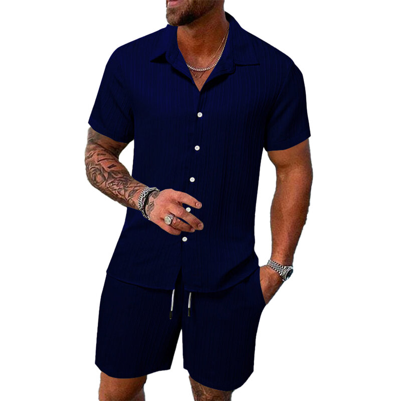 Short Men Sets Button Down Casual Collared Daily Hawaiian Jacquard Sets Short Sleeve Solid Color Summer Stylish