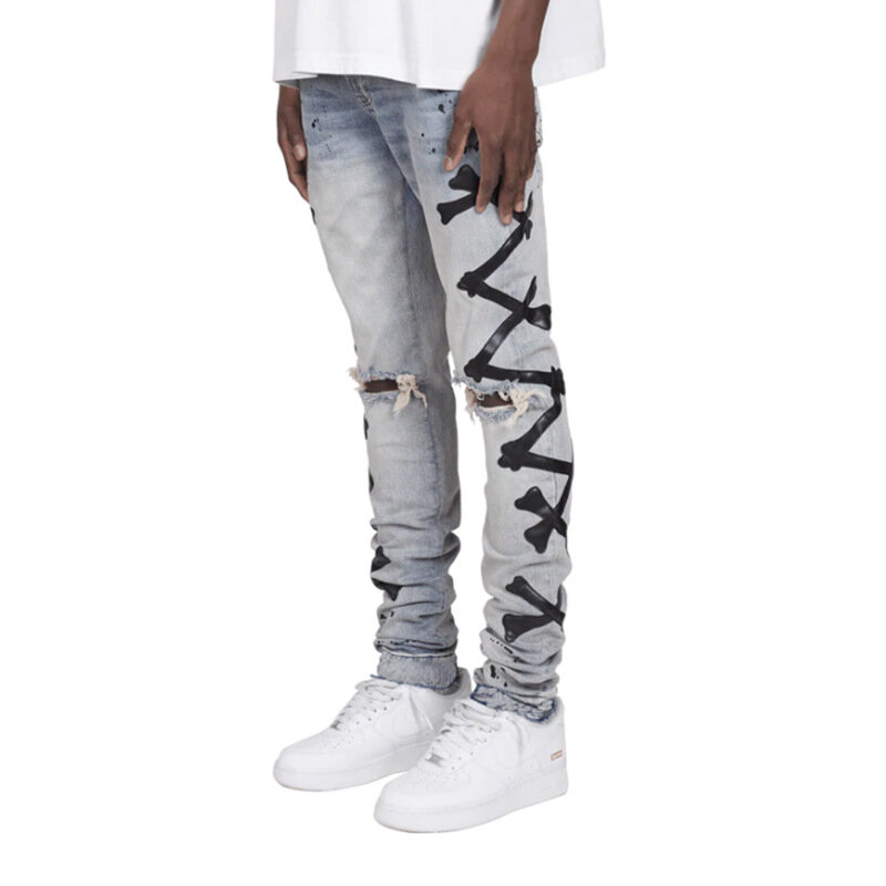 Spring And Summer Street Men Pants Bone Print Jeans Paint-Stained Elastic Ripped Pencil Pants Boutique Men's Clothing