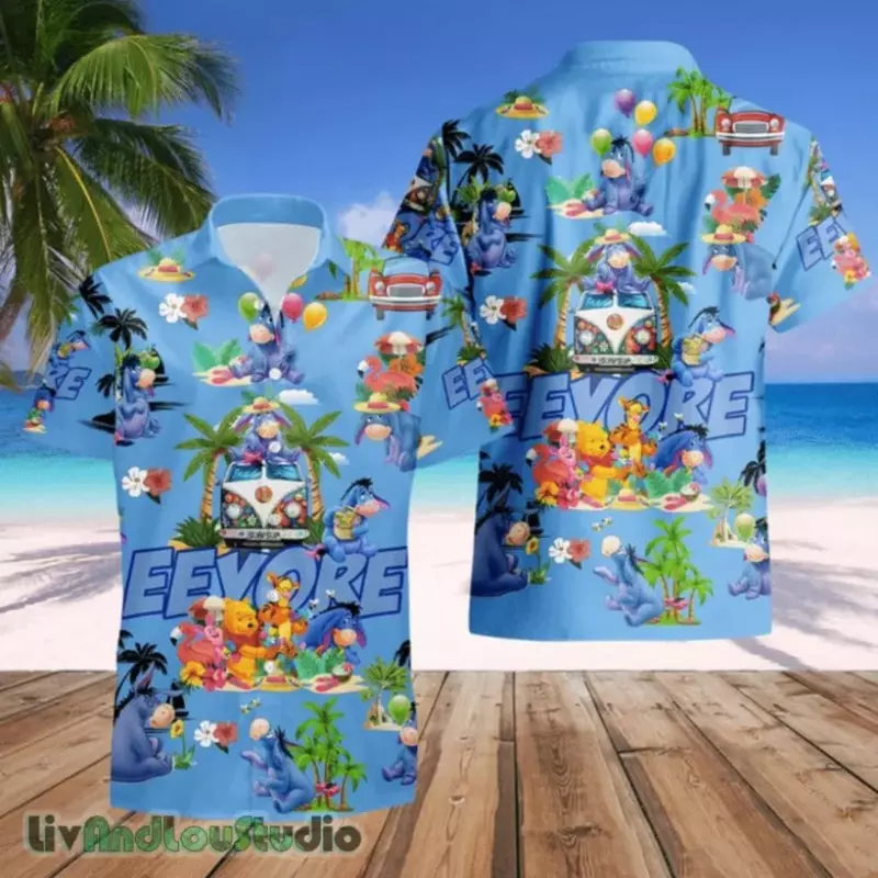 Гавайские рубашки Disney Eeyore, мужские, женские, детские летние рубашки с коротким рукавом, Гавайские рубашки Диснея, пляжные рубашки с Винни-пухом