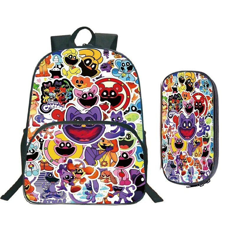 Mochila leve Anime com casas sorridente Print, Cosplay Schoolbag, bolsas de viagem para meninos e meninas, Laptop Bookbag, 2 pcs