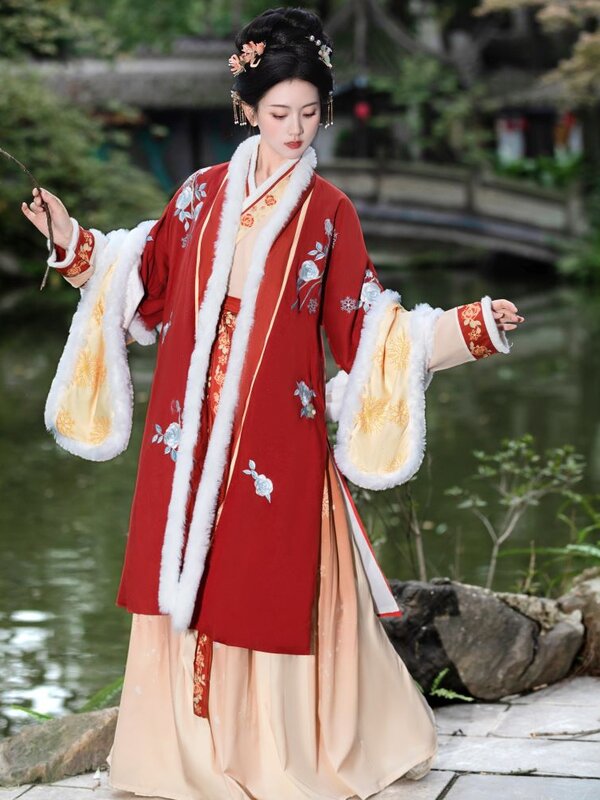 Falda plisada con cuello cruzado para mujer, ropa china Han, forro polar diario, Invierno