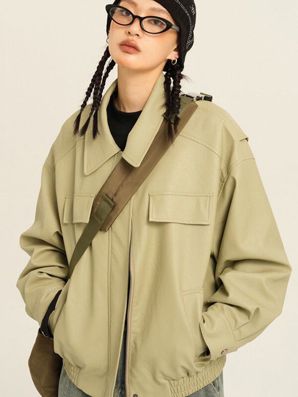 Jaket Harajuku Bf untuk wanita, jaket Retro pengendara sepeda motor Pu, mantel motor Hip Hop Amerika bergaya antik, atasan desain kulit imitasi