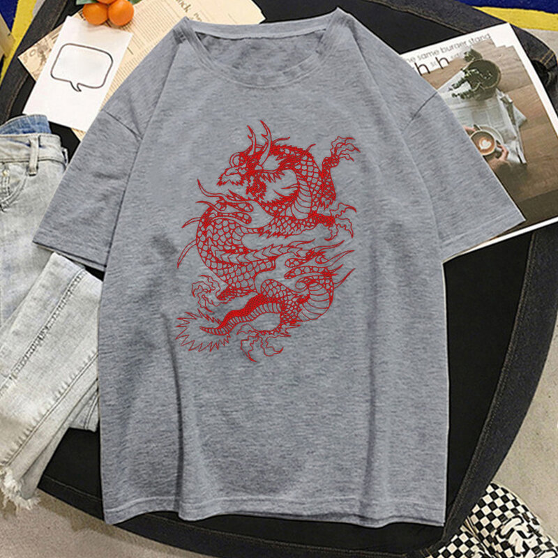 Womens T-shirt Harajuku Y2K Street Tops Harajuku Dragon Gothic Myth Print Short Sleeve Clothes Plus Size Loose Oversized T-shirt