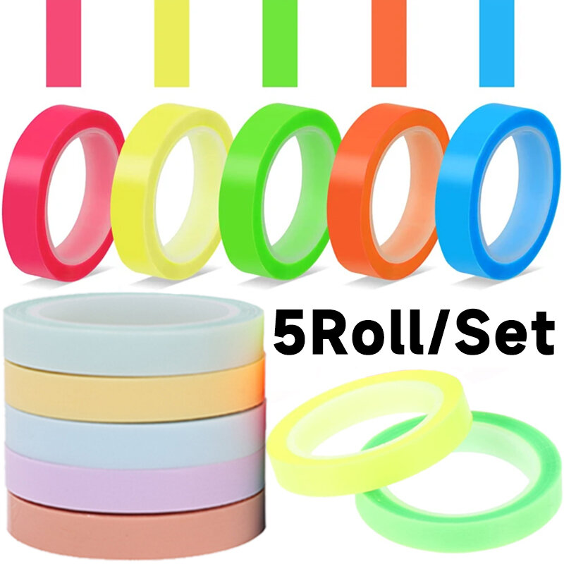 5Rolls Index Stickers Transparent Fluorescent Tape Waterproof Tabs Reading Note Stationery Label Students School Office Supplies