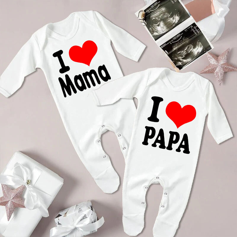I Love Papa Mama baju tidur bayi tumbuh bayi setelan rumah baru lahir hadiah mandi anak laki-laki perempuan baju tidur lucu Romper putih bayi
