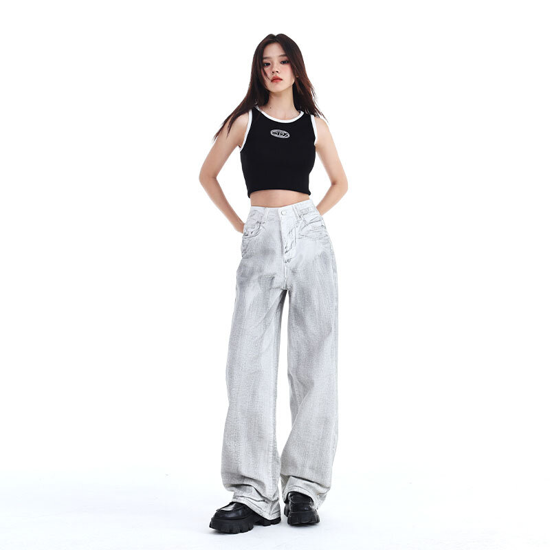 Frauen Jeans mit hoher Taille y2k American Vintage Baggy Straight Pants Hip Hop Street Style Mode Jeans hose mit weitem Bein