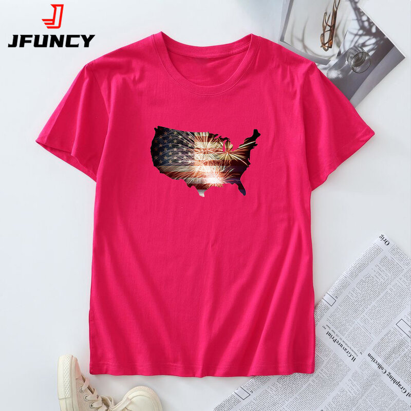JFUNCY-Camiseta de gran tamaño para mujer, camisetas de manga corta, ropa para mujer, Camisetas estampadas de EE. UU. Continental 2024