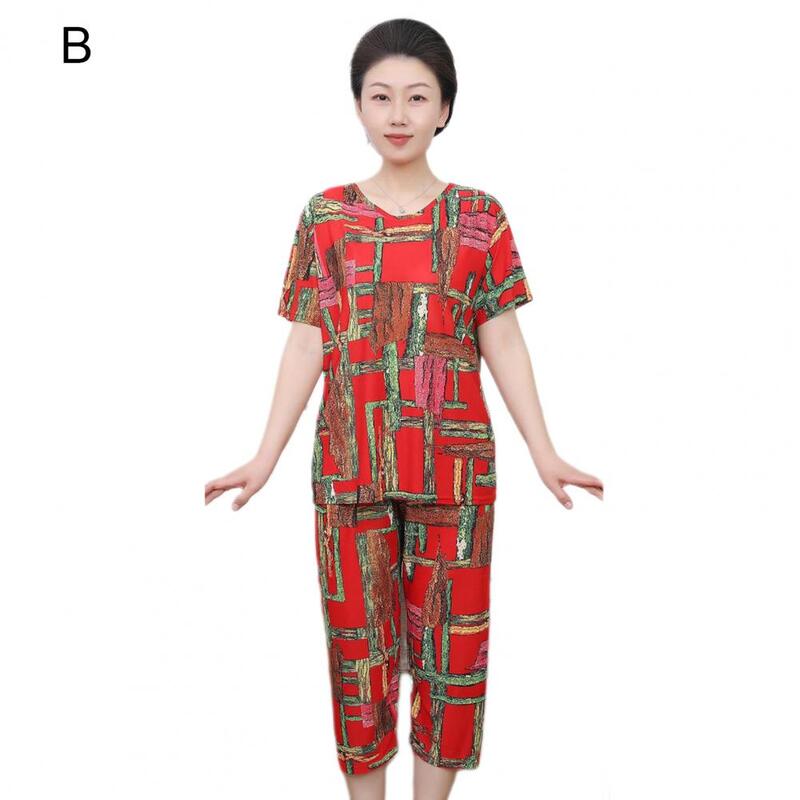 Women Beach Wear Set Women Pajama Top Ethnic Style Women's T-shirt Pants Set with Printed Top Cropped Trousers for Casual Sport