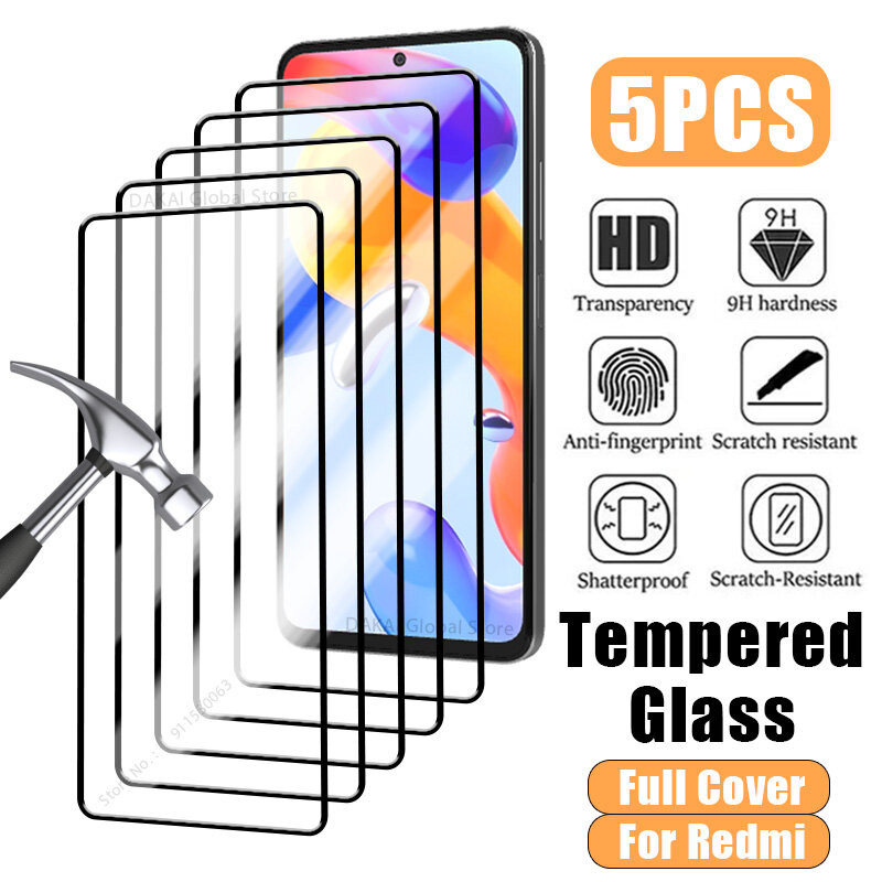 5 pezzi di vetro temperato per Redmi Note 12 11 10 9 8 Pro Plus 5G 11S 10S 9S protezione dello schermo a copertura totale per Redmi 10 10C 9C 9A Glass