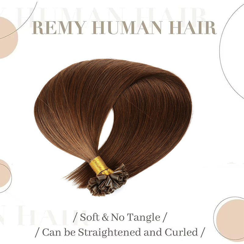 Straight U-Tip extensões de cabelo, cabelo humano, cabelo remy, castanho chocolate, cabelo prego, #4, 100 fios por pacote