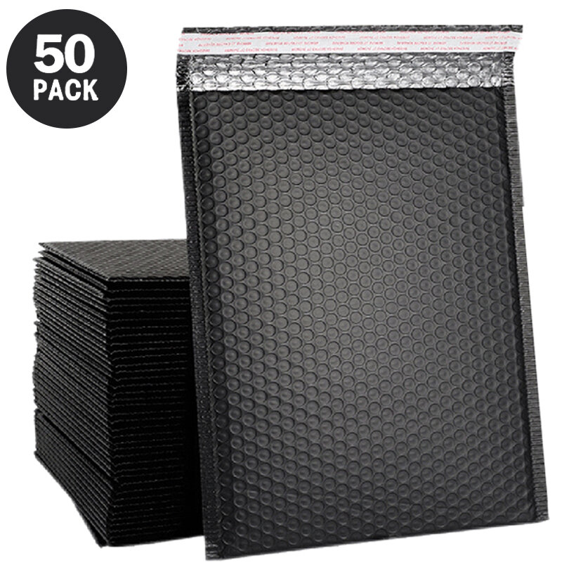 50 buah Mailer gelembung hitam kemasan amplop poli berbantalan untuk bisnis Mailers gelembung pengiriman tas Ziplock amplop plastik