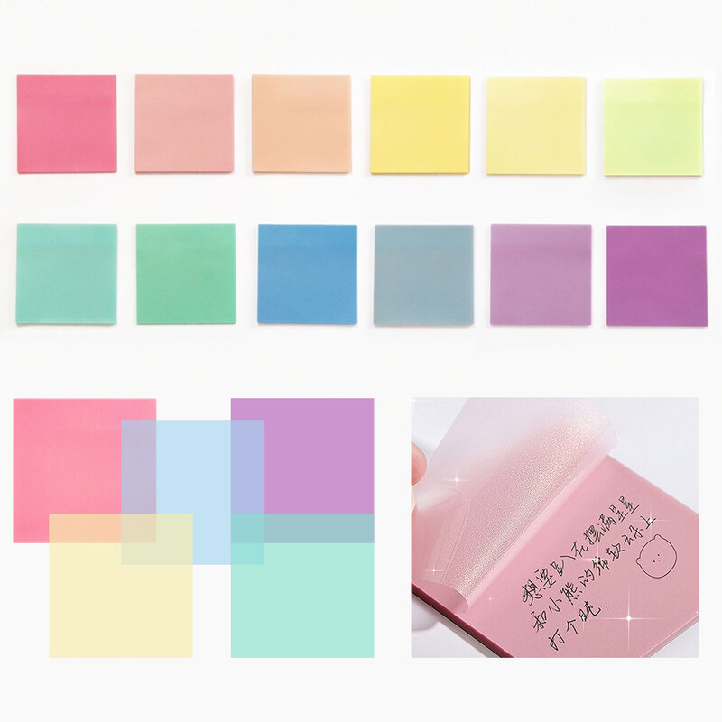 600pcs Transparent Waterproof Reusable Self Stick Memo Students Home Office Note Pad Writing Stationery Square 12 Colors Reading