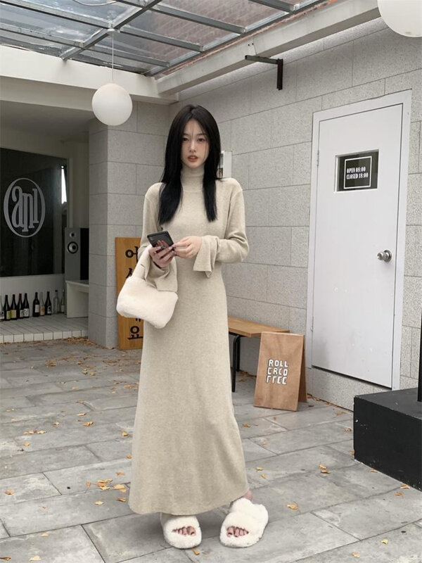 HOUZHOU koreańska sukienka z dzianiny damska z golfem sukienka Maxi z długim rękawem na co dzień elegancka czarna dopasowana sukienka damska zima