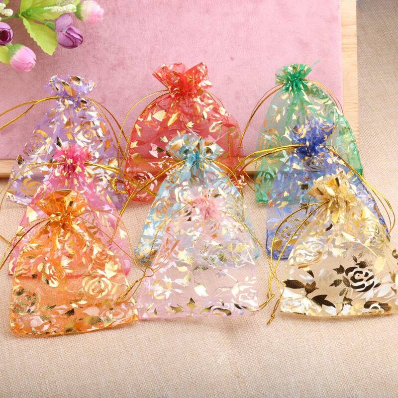 50pcs Rose Organza Jewelry Bags 7x9/9x12/10x15/13x18cm Wedding Party Christmas Candy Gold Color Drawstring Packaging Pouches