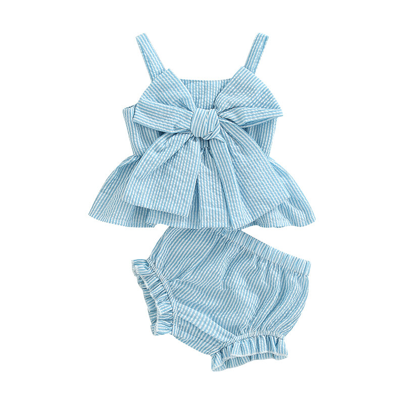 2022-03-25 Lioraitiin 0-18M Newborn Baby Girl 2Pcs Sweet Clothing Set Striped Print Big Bow Embellished Vest Dress Top Shorts
