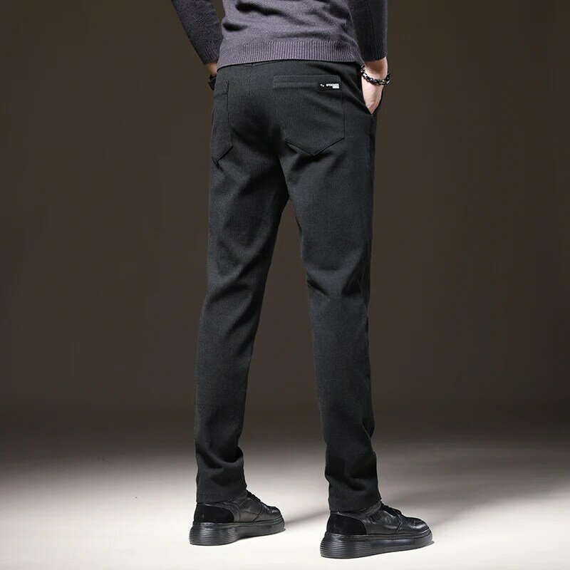 คุณภาพสูง Winter Fleece Casual กางเกงผู้ชายผ้าฝ้ายยืดกำมะหยี่ธุรกิจแฟชั่นสีดำสีเทาหนากางเกงขนาด38