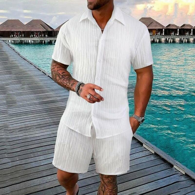 Summer Two-piece Suit Men's Casual Lapel Shirt Drawstring Waist Shorts Set Solid Color Loose Fit Outfit for Summer Breathable