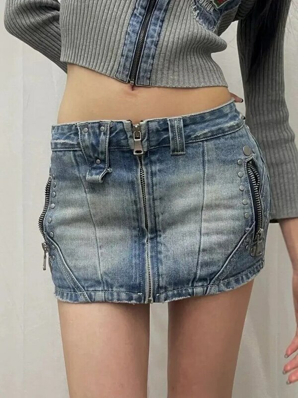 Mini saia jeans retrô japonesa, jeans de unhas, saia de carga de baixo crescimento, estética sexy, estilo americano, cyber punk, plus size