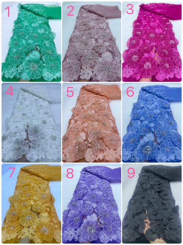 5 yard kain Tulle renda payet Afrika mewah 2024 kain Applique bordir bunga 3D Prancis dengan manik-manik untuk bahan jahit