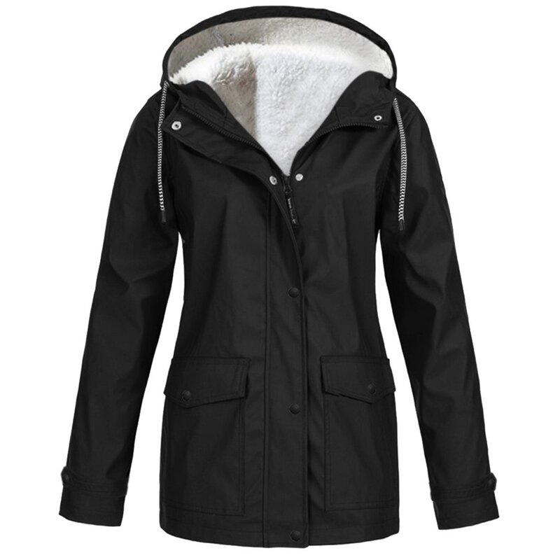 Jaket bertudung untuk wanita, jaket penahan angin musim dingin hangat tahan air warna hitam XL untuk wanita