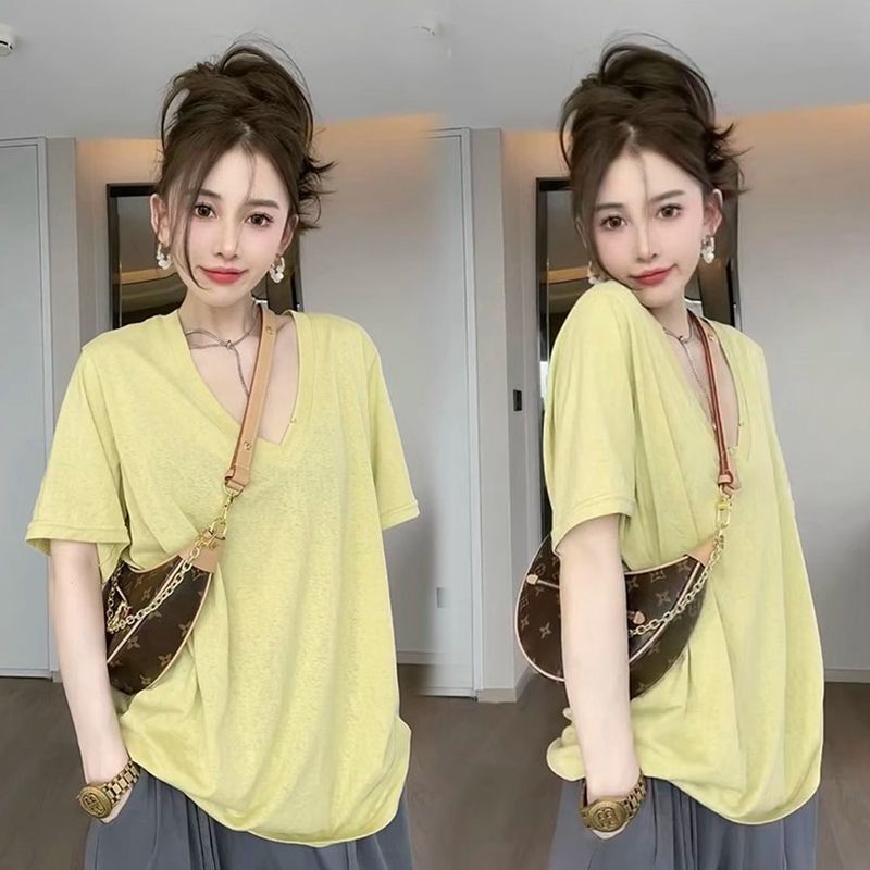 Women Simple T-Shirt Casual Short Sleeve Female Cotton Slim Compassionate Trend Solid V Neck Shirt Top Fashion Clothing A164
