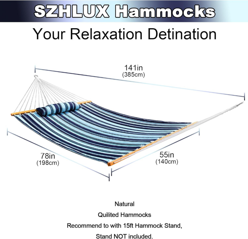 SZHLUX Outdoor Quilted Fabric Hammock with Spreader Bars and Detachable Pillow and Chains