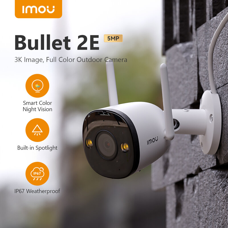 IMOU-Bullet Outdoor Security Câmera IP, 2E, 5MP, 3K, Full Color, Visão Noturna, Impermeável, WiFi, Detecção Humana