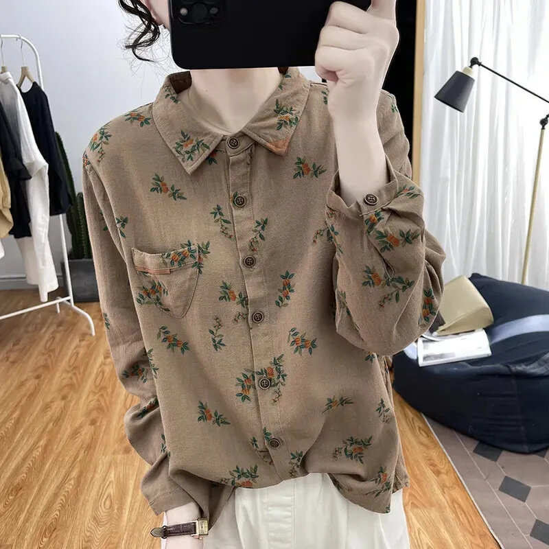 Camisa con estampado de lino y algodón para mujer, blusa fina informal holgada coreana que combina con todo, Otoño, 2024