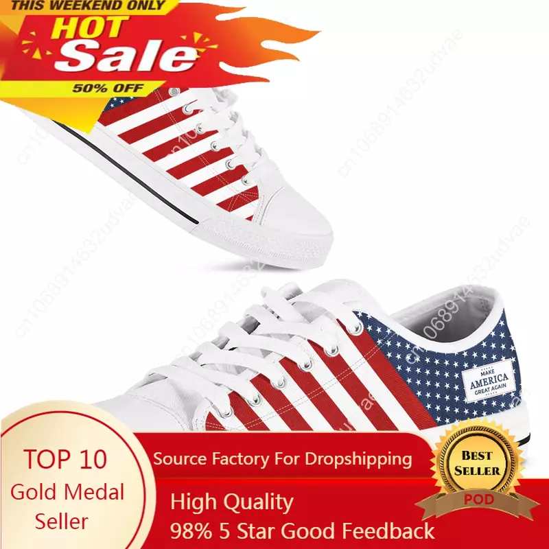American Flag MAGA Fourth Of July Women Summer Canvas Vulcanized Shoes Casual Flats Plus Size 45/46