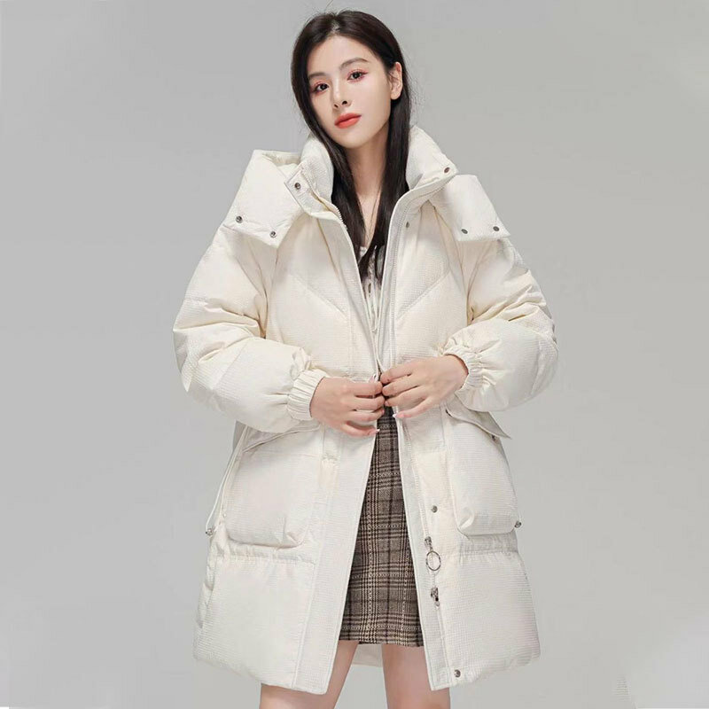 Moda zimowa nowy damski płaszcz puchowy z kapturem, gruba średniej długości puchowa kurtka Parka z puchem białej kaczki wygodny w koreańskim stylu damski płaszcz odzież na śnieg