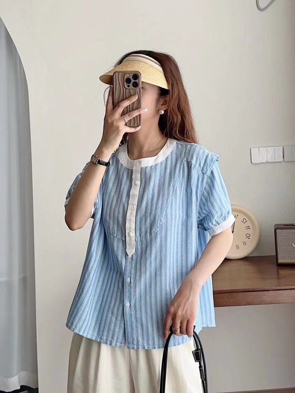 เสื้อเบลาส์หรูหราสำหรับผู้หญิง MODE Korea ฤดูร้อนเสื้อเชิ้ตแขนลำลองขาสั้นสีน้ำเงินลายทางเสื้อยืดผ้าฝ้ายโอเวอร์ไซส์