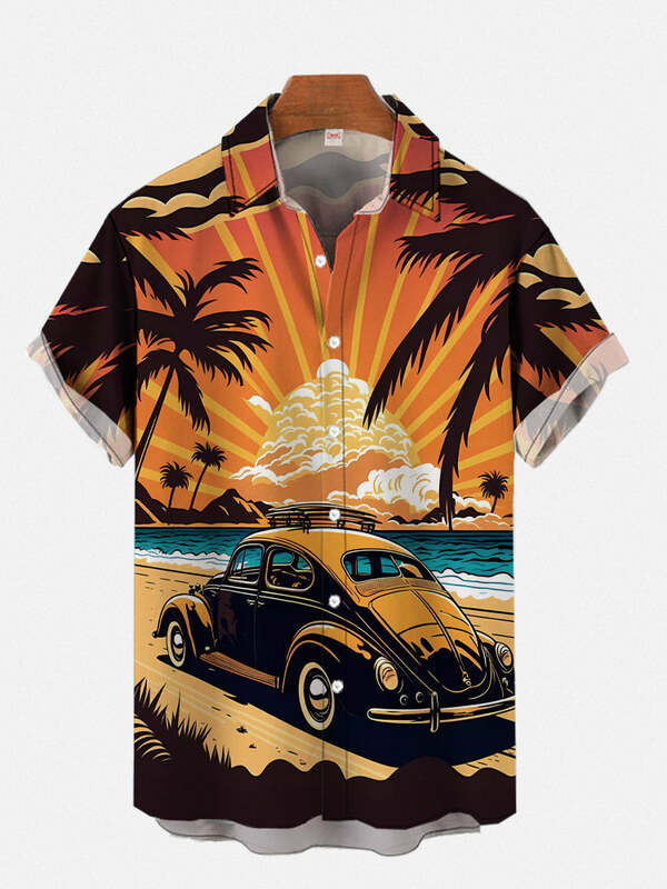 1970S-1980S โปสเตอร์รถวินเทจเสื้อแขนสั้นพิมพ์ลายคาวบอยเกิร์ลฮาวายชายหาดย้อนยุคแนวแฟชั่นเสื้อฮาวายสำหรับผู้ชาย